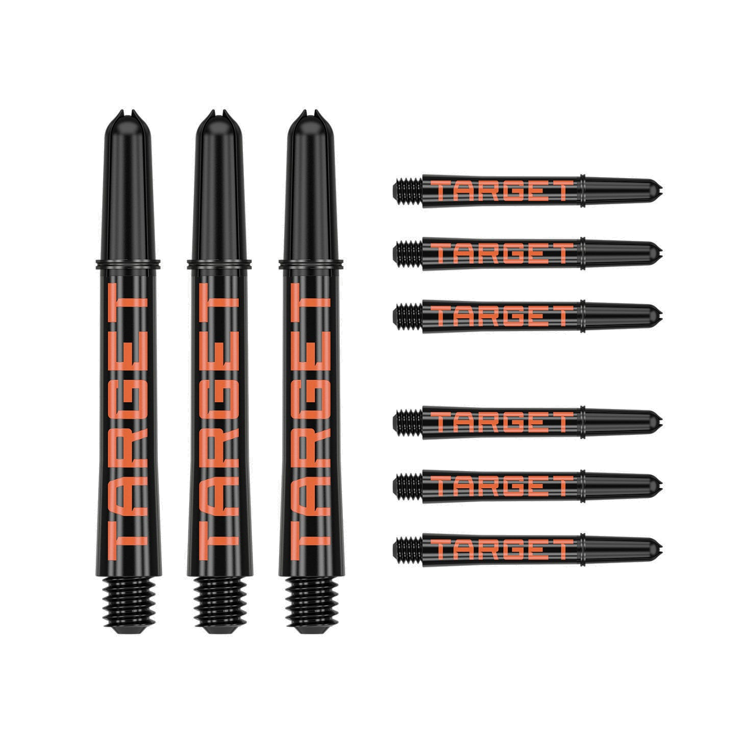 Nine intermediate 41mm Pro Grip Tag dart shafts in black and orange with Target branding on white background