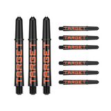 Nine intermediate 41mm Pro Grip Tag dart shafts in black and orange with Target branding on white background