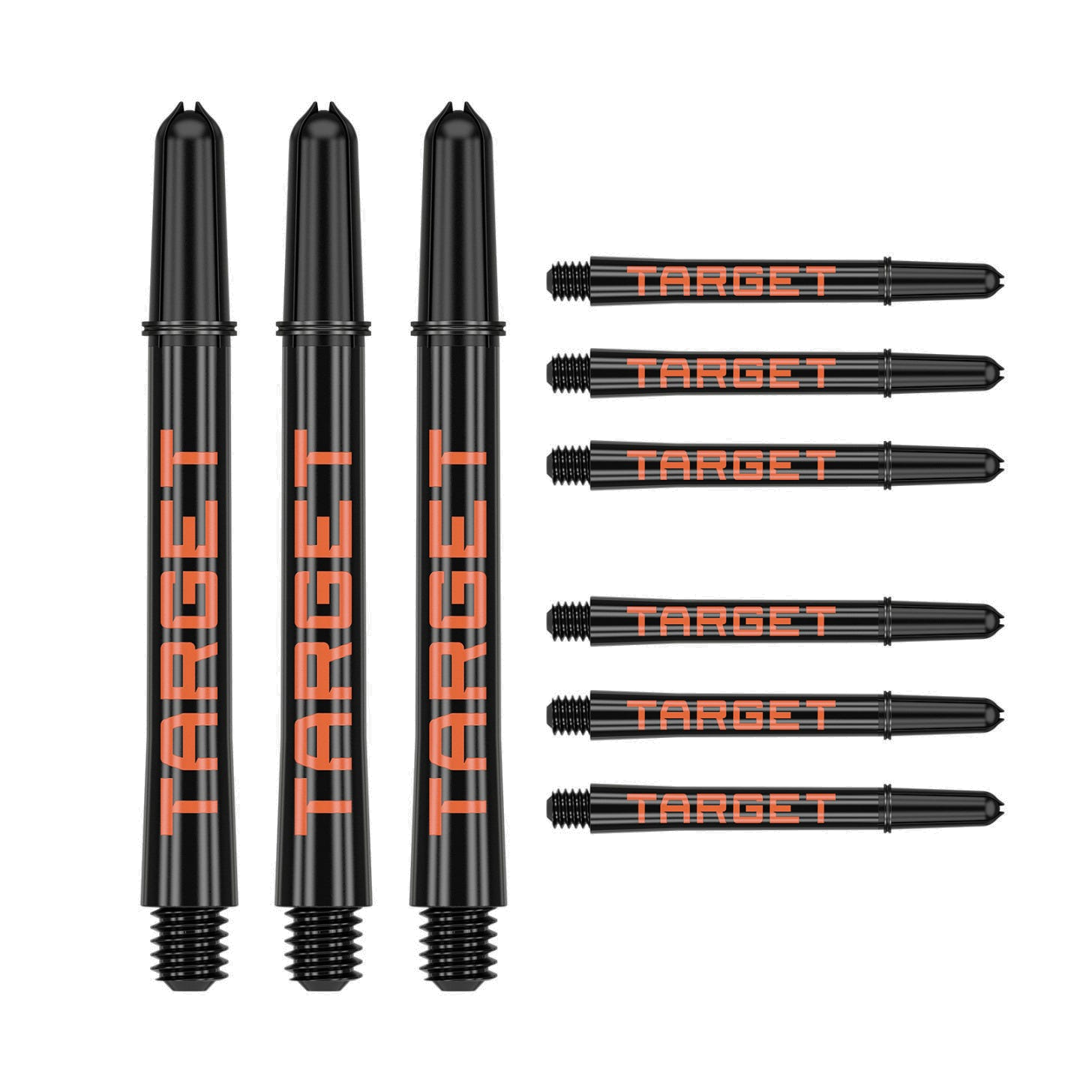 Nine medium 48mm Pro Grip Tag dart shafts in black and orange with Target branding on white background
