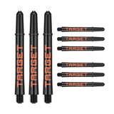Nine medium 48mm Pro Grip Tag dart shafts in black and orange with Target branding on white background