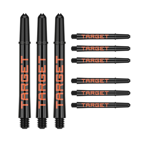 Nine medium 48mm Pro Grip Tag dart shafts in black and orange with Target branding on white background
