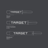 Pro Grip Tag dart shaft length chart showing short 34mm, intermediate 41mm and medium 48mm