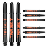 Target Pro Grip Tag black and orange dart shafts, three assembled and six spare, shown on white background