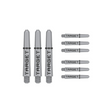 Nine short 34mm Pro Grip Tag dart shafts in grey and black with Target branding on white background