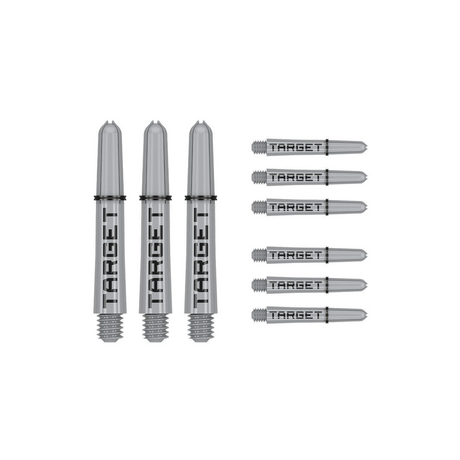 Nine short 34mm Pro Grip Tag dart shafts in grey and black with Target branding on white background