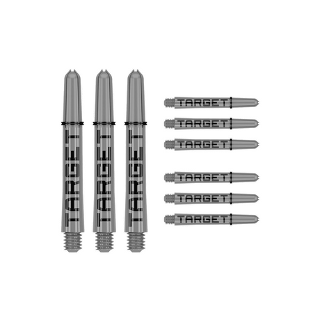 Nine intermediate 41mm Pro Grip Tag dart shafts in grey and black with Target branding on white background