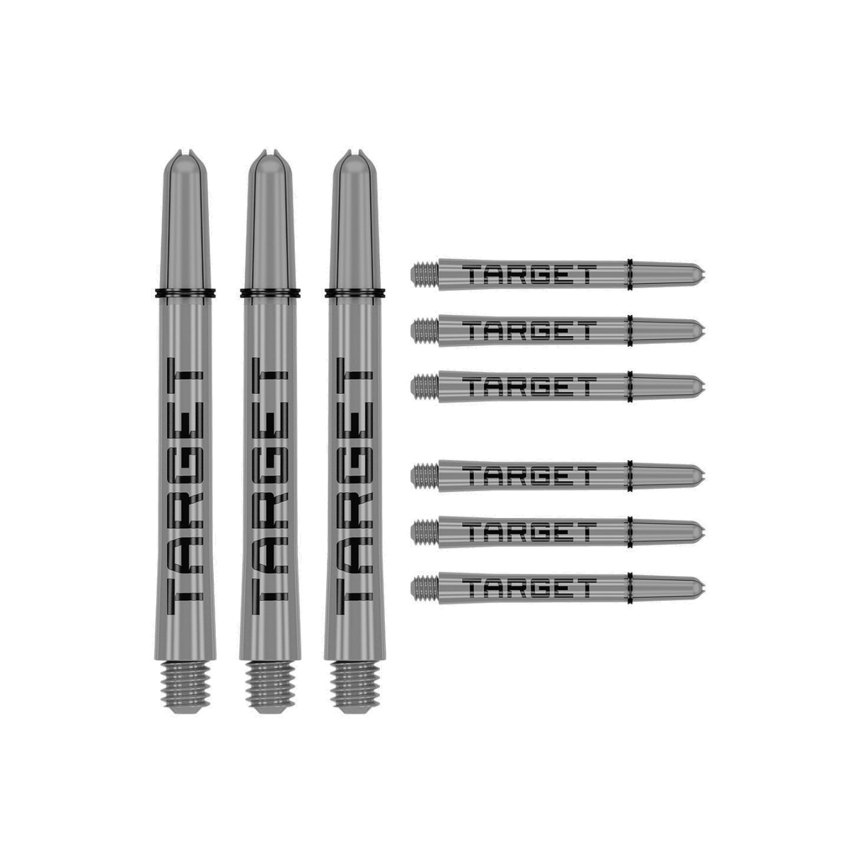 Nine medium 48mm Pro Grip Tag dart shafts in grey and black with Target branding on white background