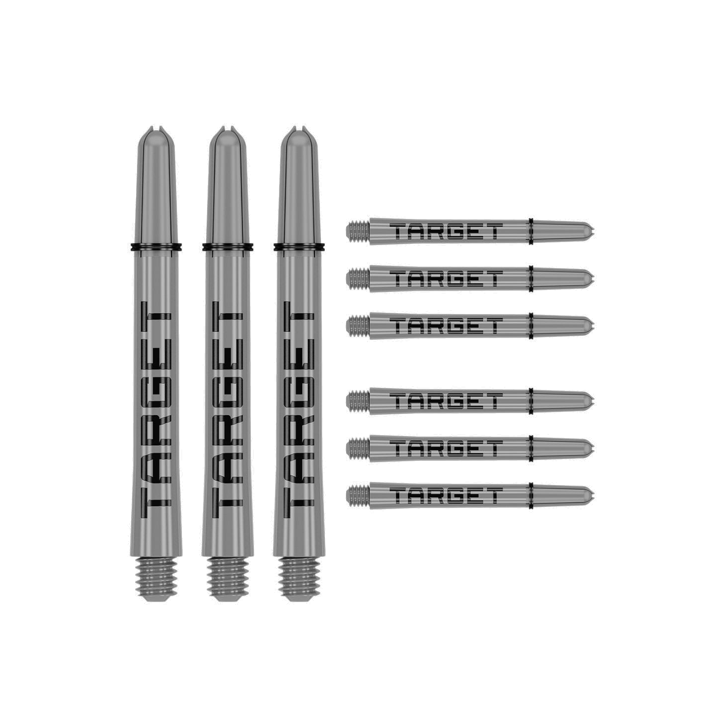 Nine medium 48mm Pro Grip Tag dart shafts in grey and black with Target branding on white background