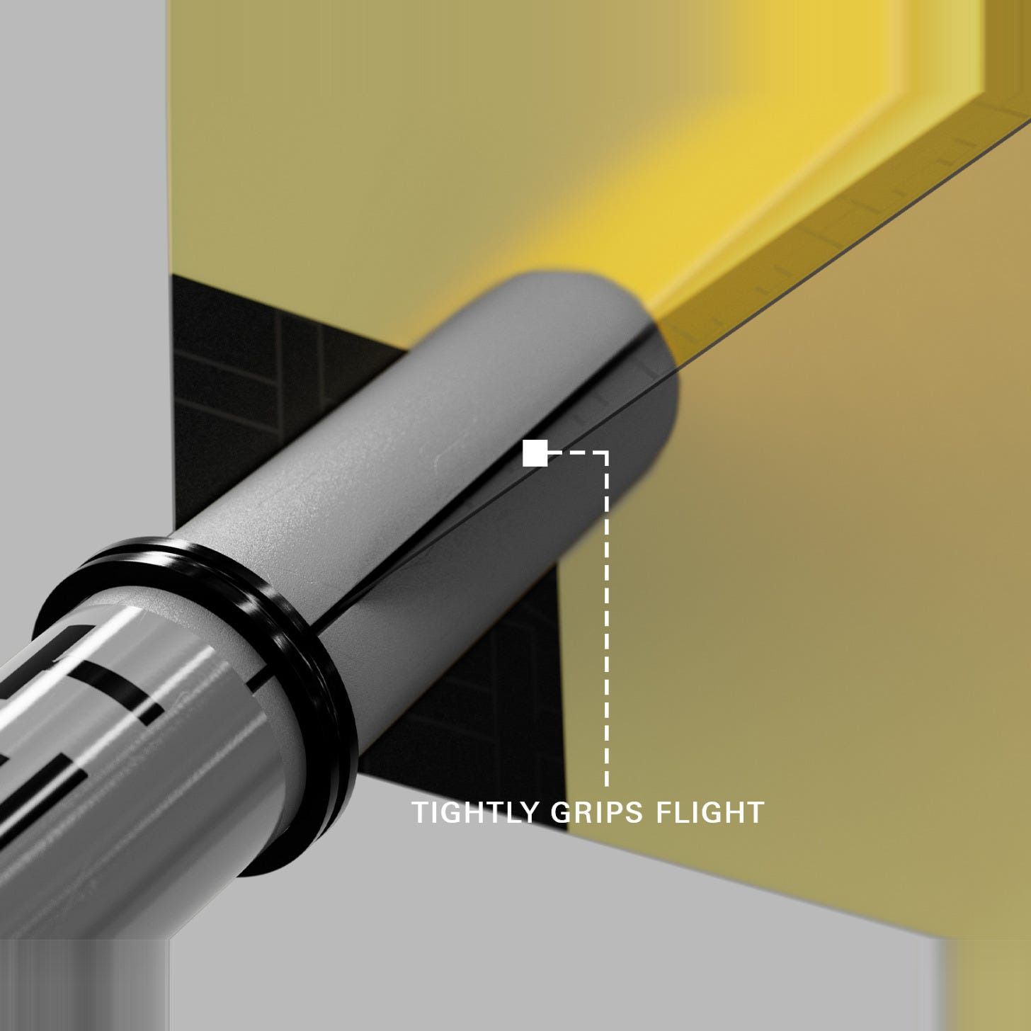 Close-up of a grey Pro Grip Tag shaft gripping a dart flight to prevent fallouts
