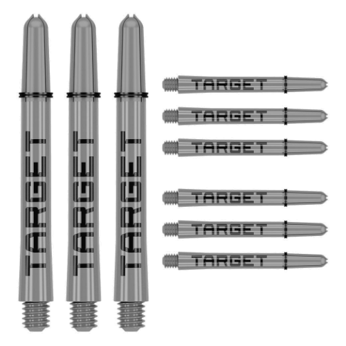 Target Pro Grip Tag grey and black dart shafts, three assembled and six spare, shown on white background