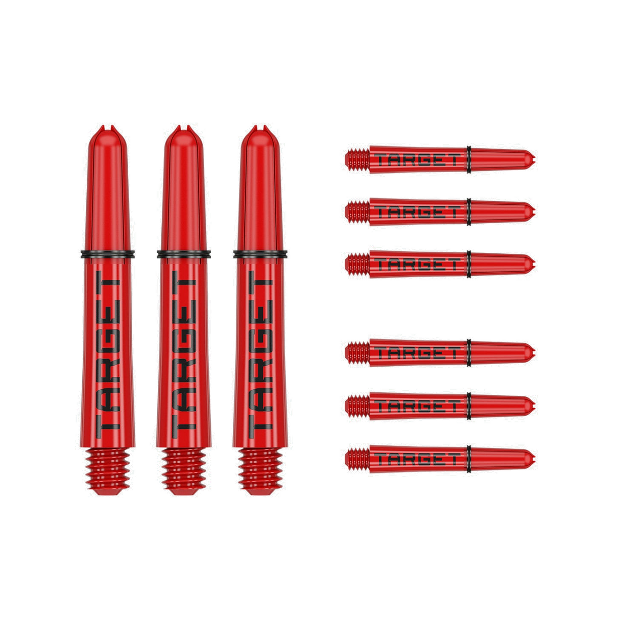 Nine short 34mm Pro Grip Tag dart shafts in red and black with Target branding on white background