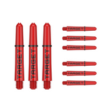Nine short 34mm Pro Grip Tag dart shafts in red and black with Target branding on white background