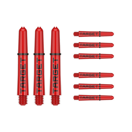 Nine short 34mm Pro Grip Tag dart shafts in red and black with Target branding on white background