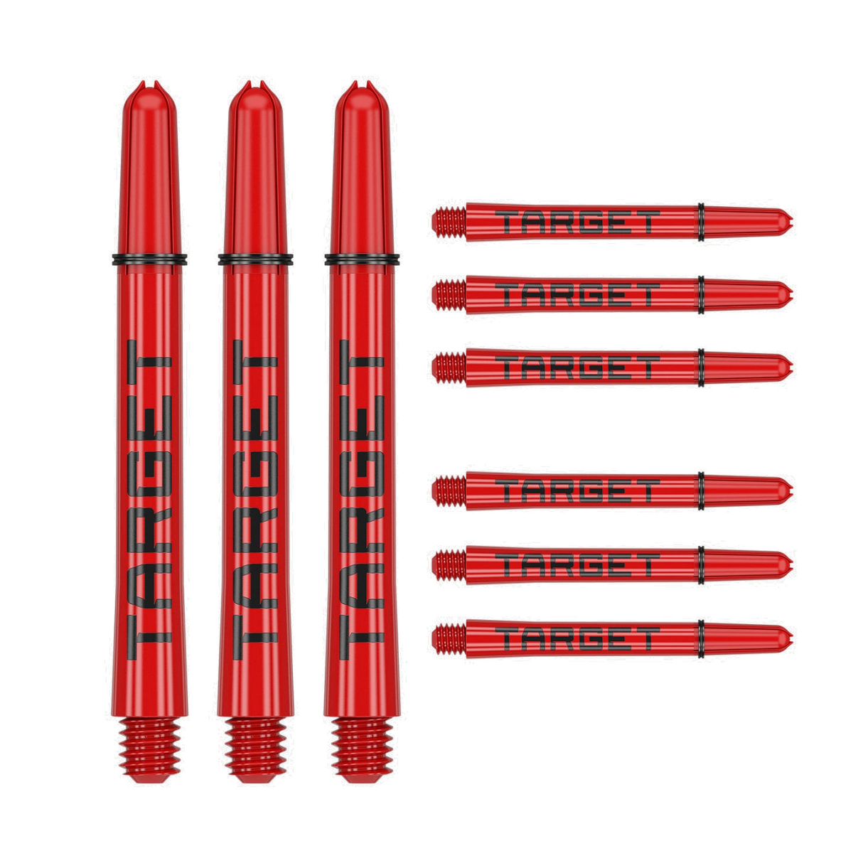 Nine medium 48mm Pro Grip Tag dart shafts in red and black with Target branding on white background
