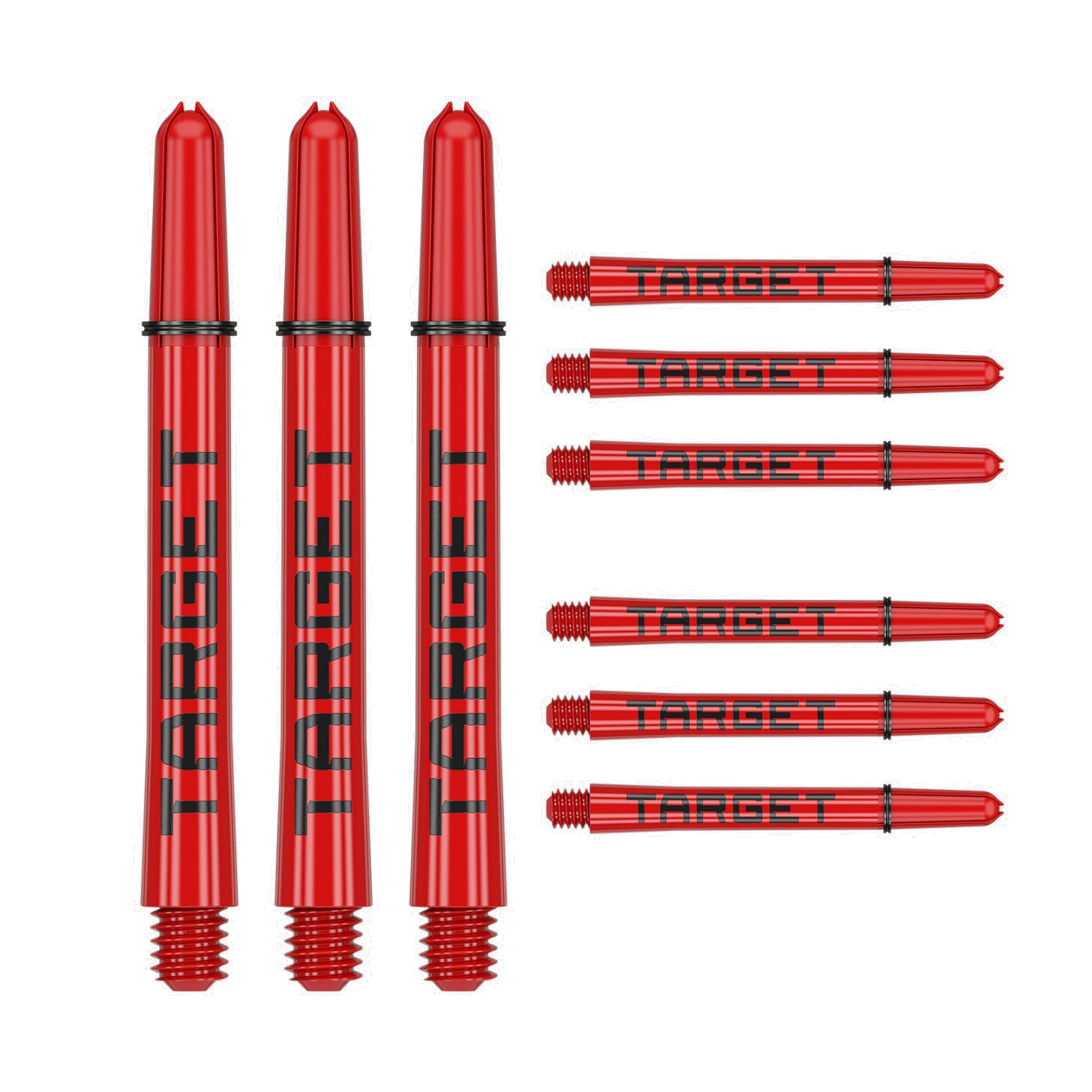 Nine medium 48mm Pro Grip Tag dart shafts in red and black with Target branding on white background