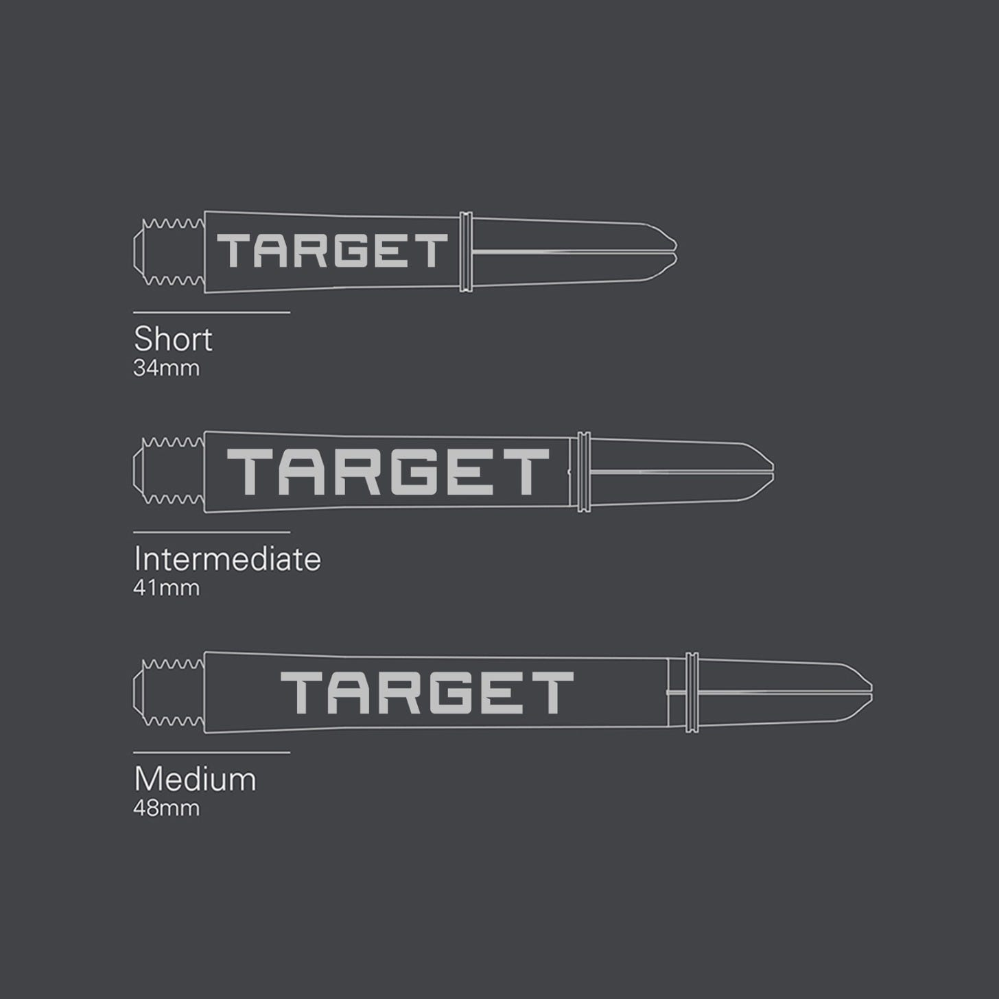 Pro Grip Tag dart shaft length chart showing short 34mm, intermediate 41mm and medium 48mm