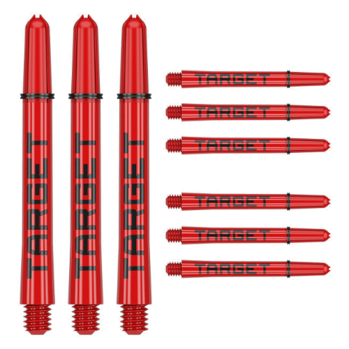 Target Pro Grip Tag red and black dart shafts, three assembled and six spare, shown on white background