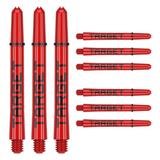 Target Pro Grip Tag red and black dart shafts, three assembled and six spare, shown on white background
