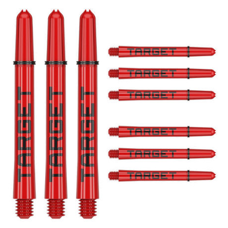 Target Pro Grip Tag red and black dart shafts, three assembled and six spare, shown on white background