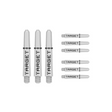 Nine short 34mm Pro Grip Tag dart shafts in white and black with Target branding on white background