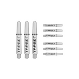 Nine short 34mm Pro Grip Tag dart shafts in white and black with Target branding on white background