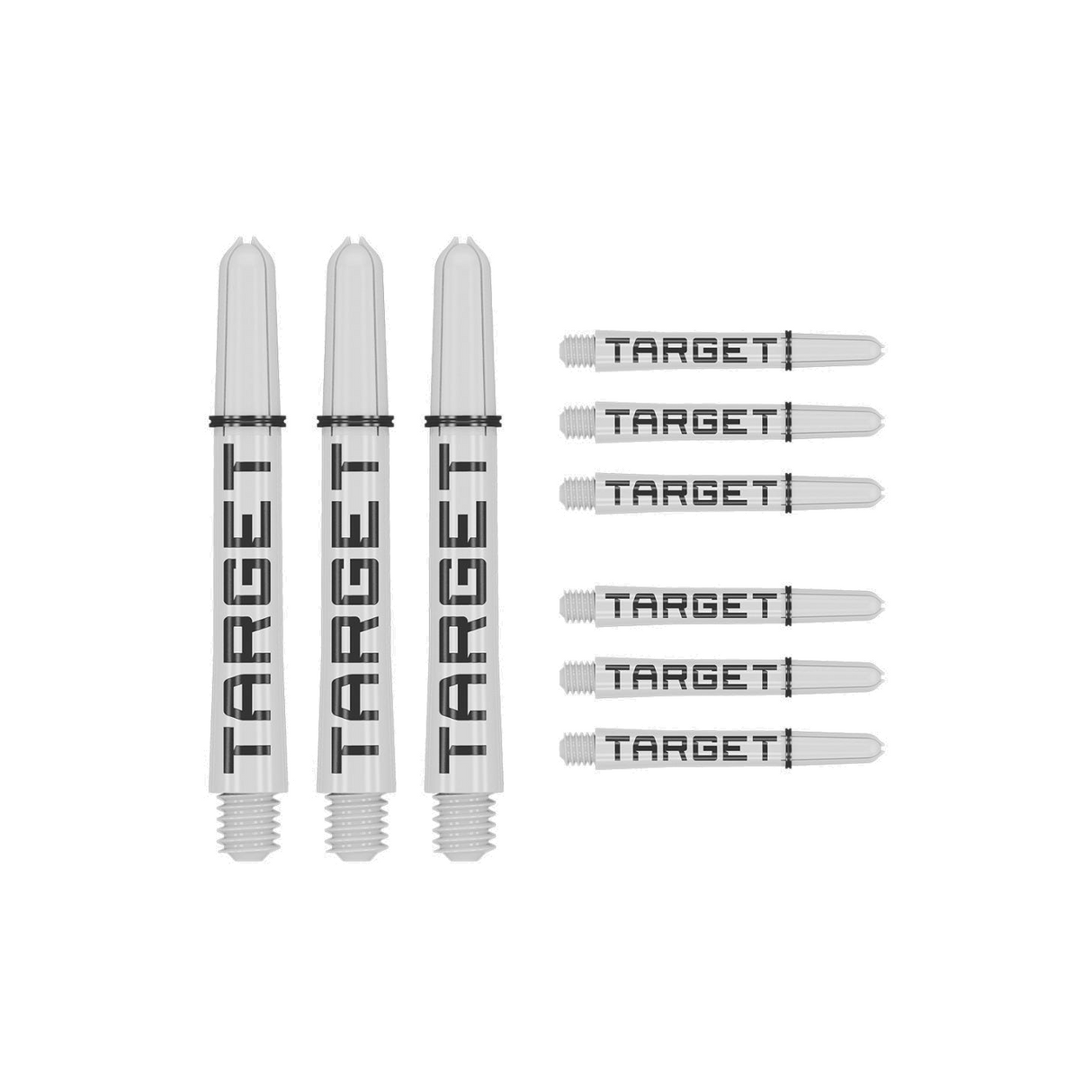 Nine intermediate 41mm Pro Grip Tag dart shafts in white and black with Target branding on white background