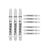 Nine medium 48mm Pro Grip Tag dart shafts in white and black with Target branding on white background
