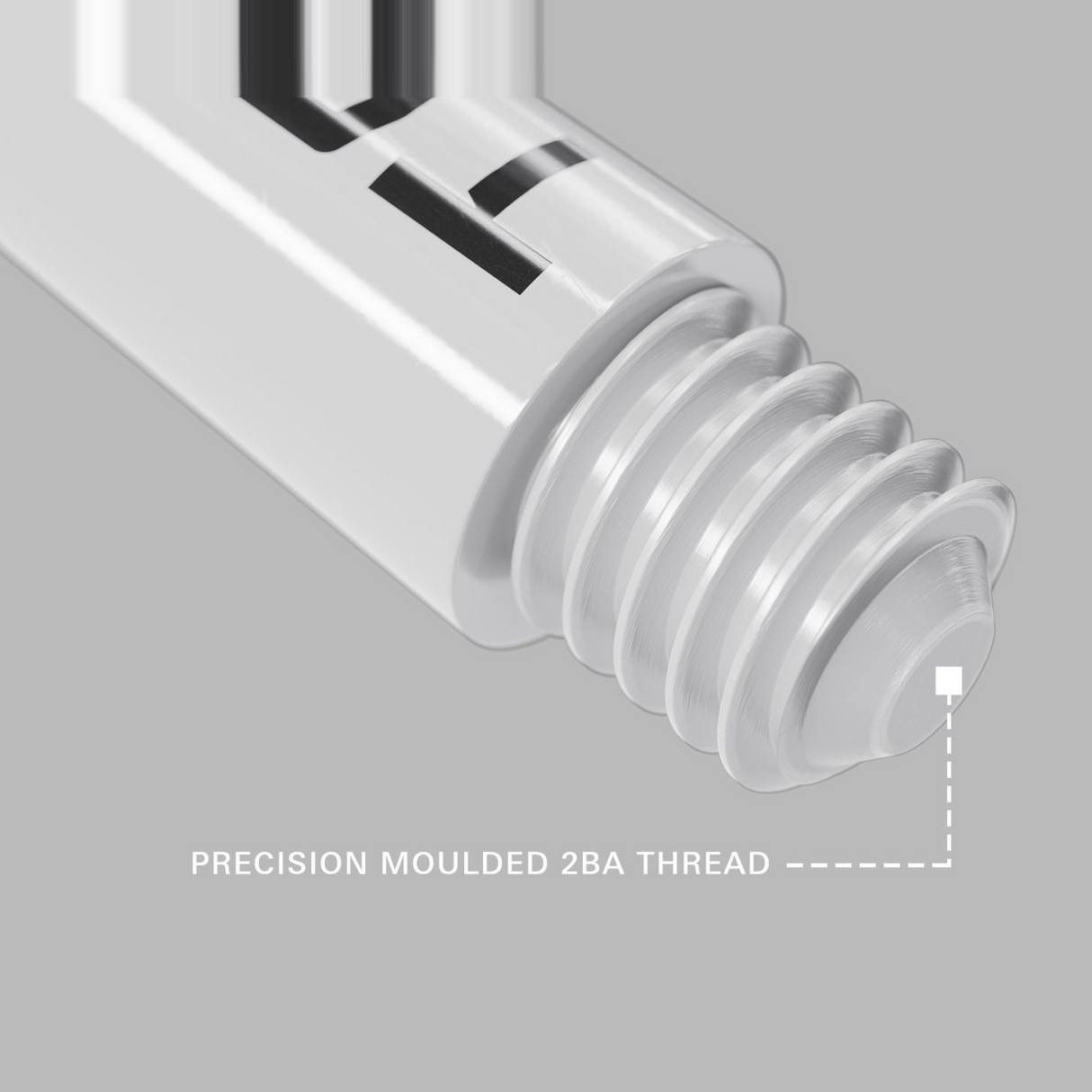 Close-up of the precision moulded 2BA thread on a white Pro Grip Tag dart shaft
