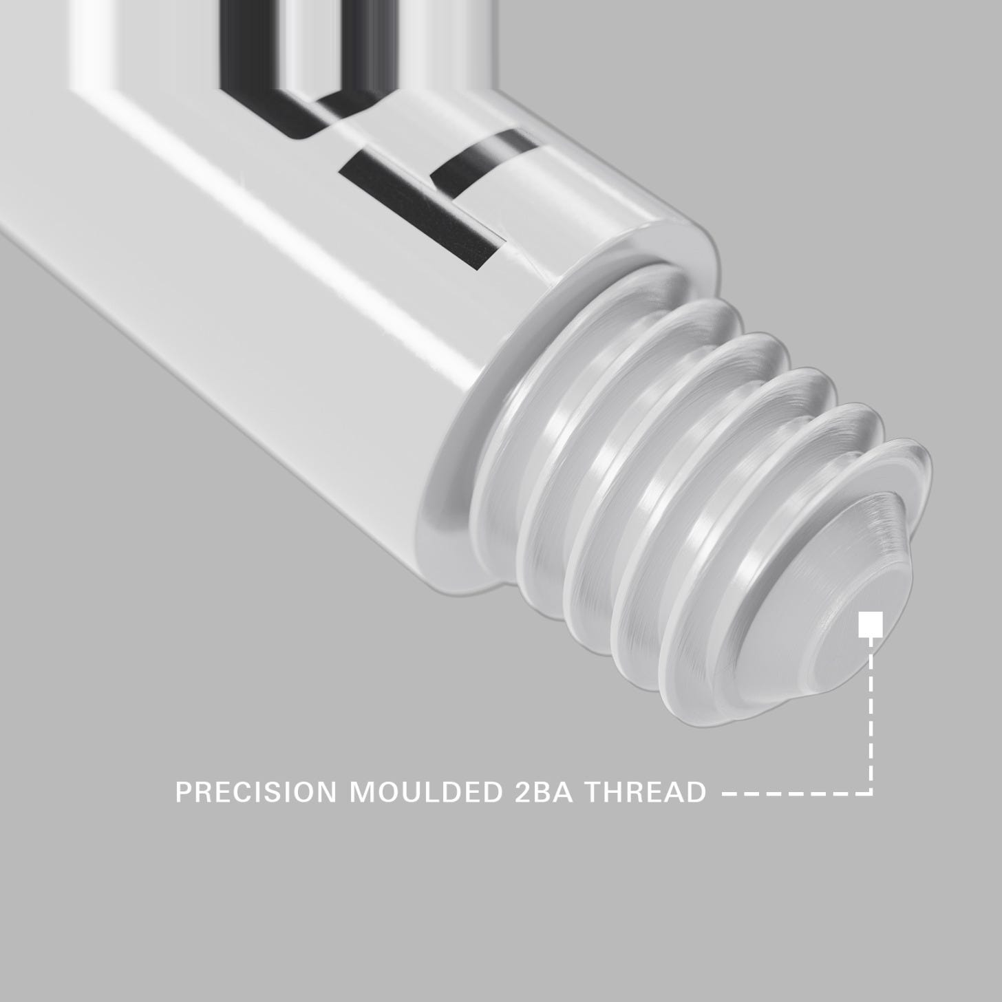 Close-up of the precision moulded 2BA thread on a white Pro Grip Tag dart shaft