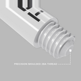 Close-up of the precision moulded 2BA thread on a white Pro Grip Tag dart shaft