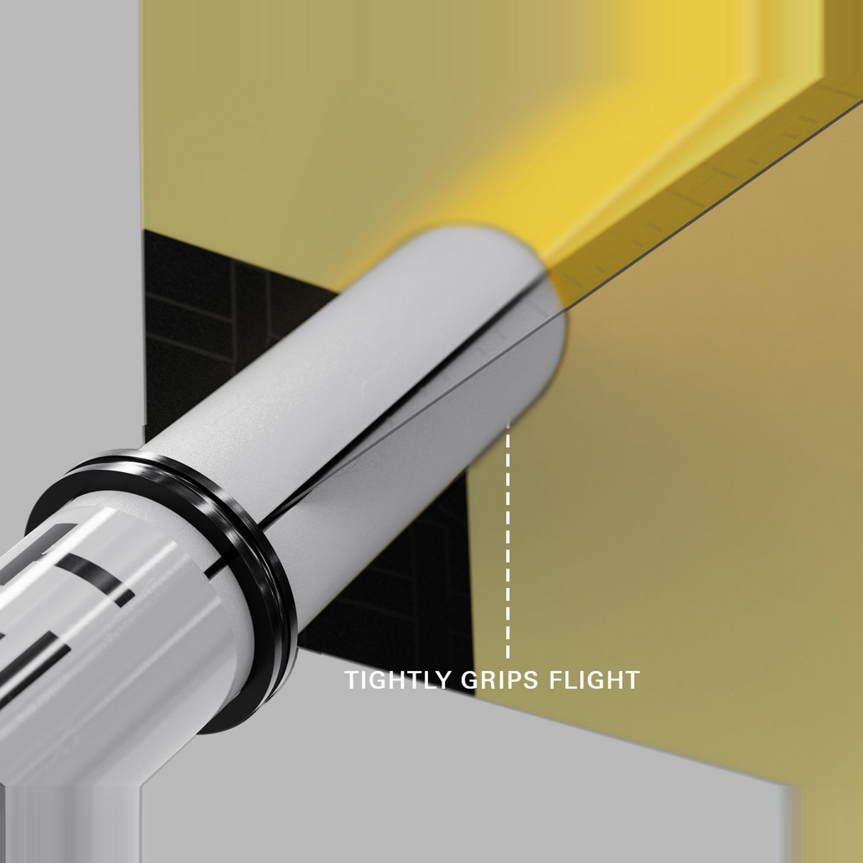 Close-up of a white Pro Grip Tag shaft gripping a dart flight to prevent fallouts