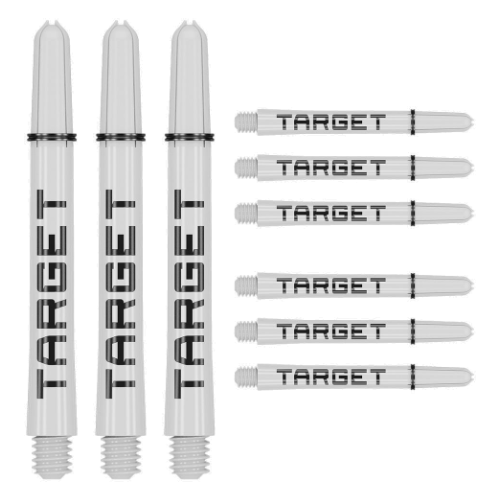 Target Pro Grip Tag white and black dart shafts, three assembled and six spare, shown on white background