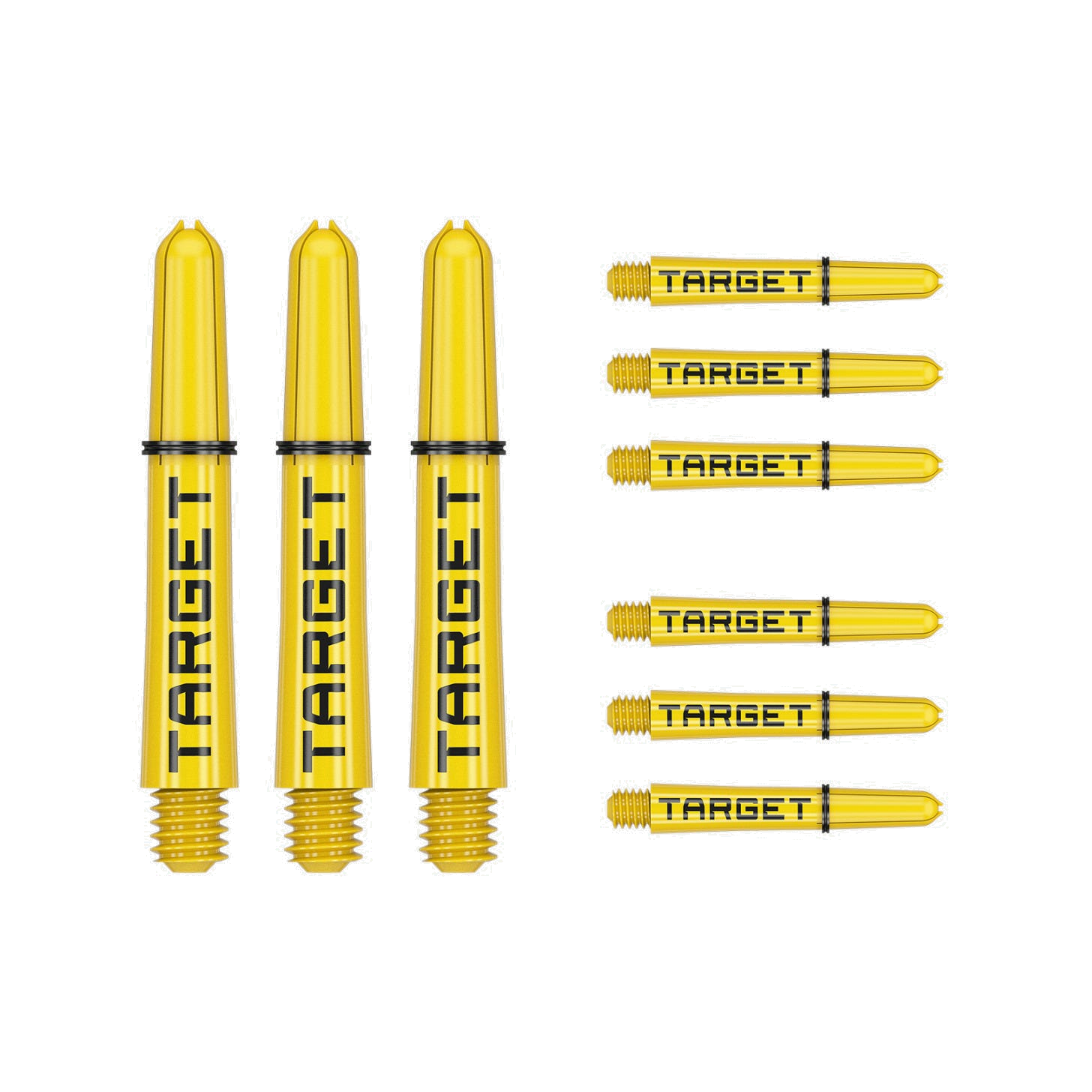 Nine short 34mm Pro Grip Tag dart shafts in yellow and black with Target branding on white background