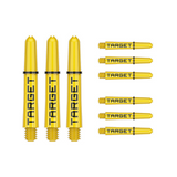 Nine short 34mm Pro Grip Tag dart shafts in yellow and black with Target branding on white background
