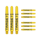 Nine intermediate 41mm Pro Grip Tag dart shafts in yellow and black with Target branding on white background