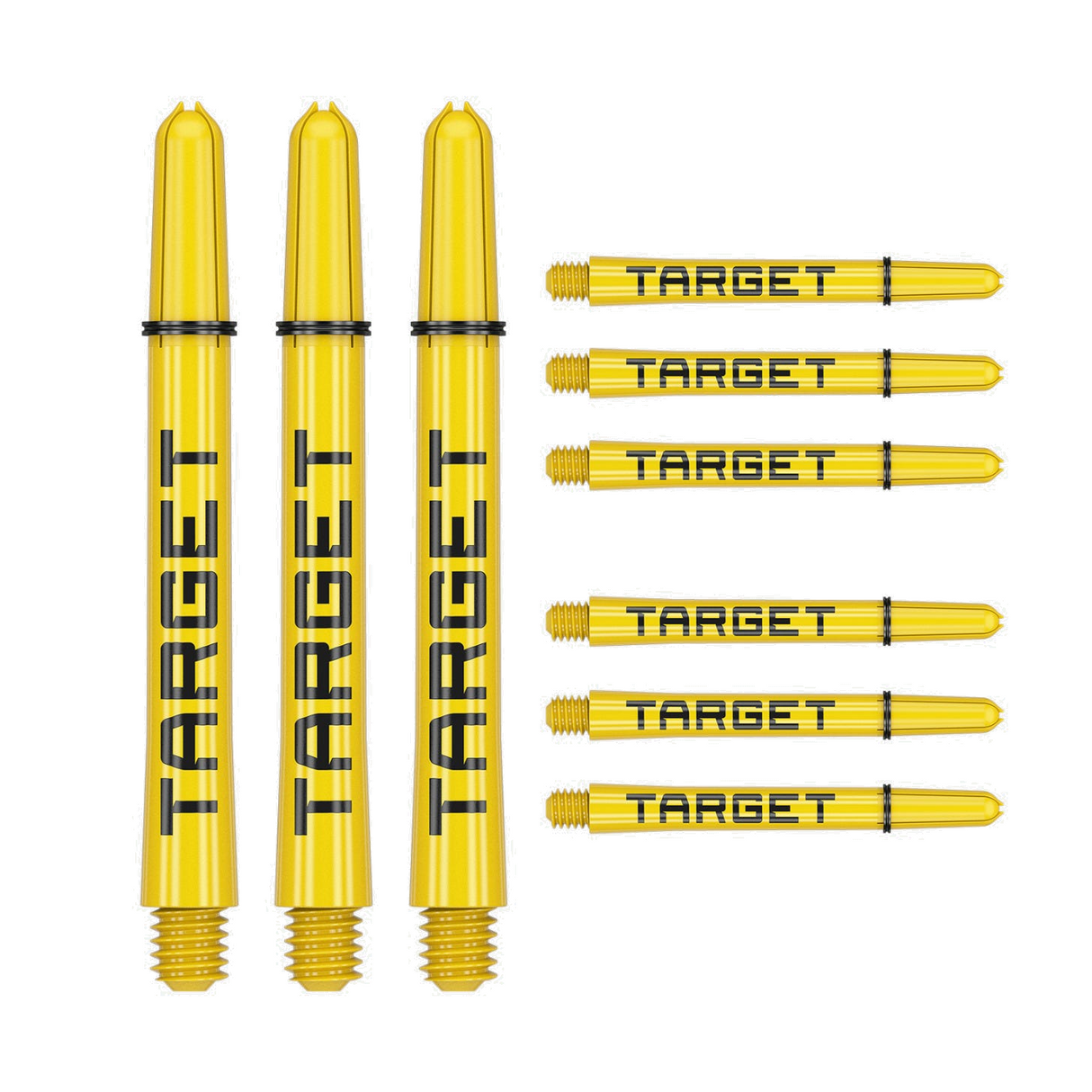 Nine medium 48mm Pro Grip Tag dart shafts in yellow and black with Target branding on white background