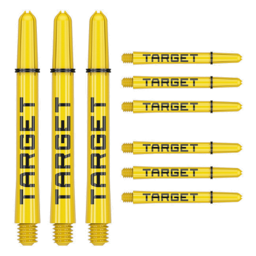 Target Pro Grip Tag yellow and black dart shafts, three assembled and six spare, shown on white background