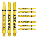 Target Pro Grip Tag yellow and black dart shafts, three assembled and six spare, shown on white background
