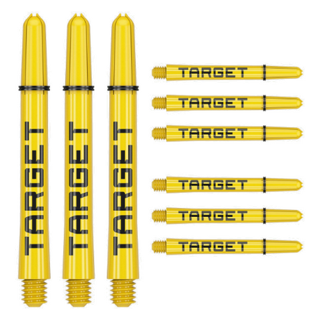 Target Pro Grip Tag yellow and black dart shafts, three assembled and six spare, shown on white background