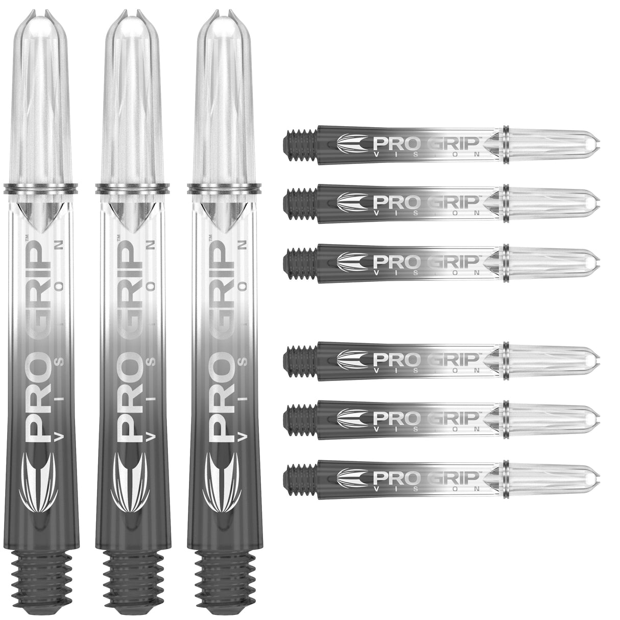 Clear polycarbonate dart shafts full view and side display, threaded tips and Pro Grip Vision logo, set of nine on white background