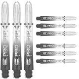 Clear polycarbonate dart shafts full view and side display, threaded tips and Pro Grip Vision logo, set of nine on white background