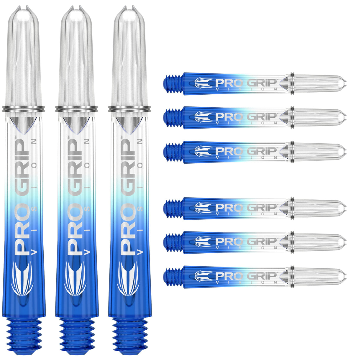 Nine blue and clear dart shafts arranged on white background, highlighting Pro Grip Vision polycarbonate durability and threaded tips.
