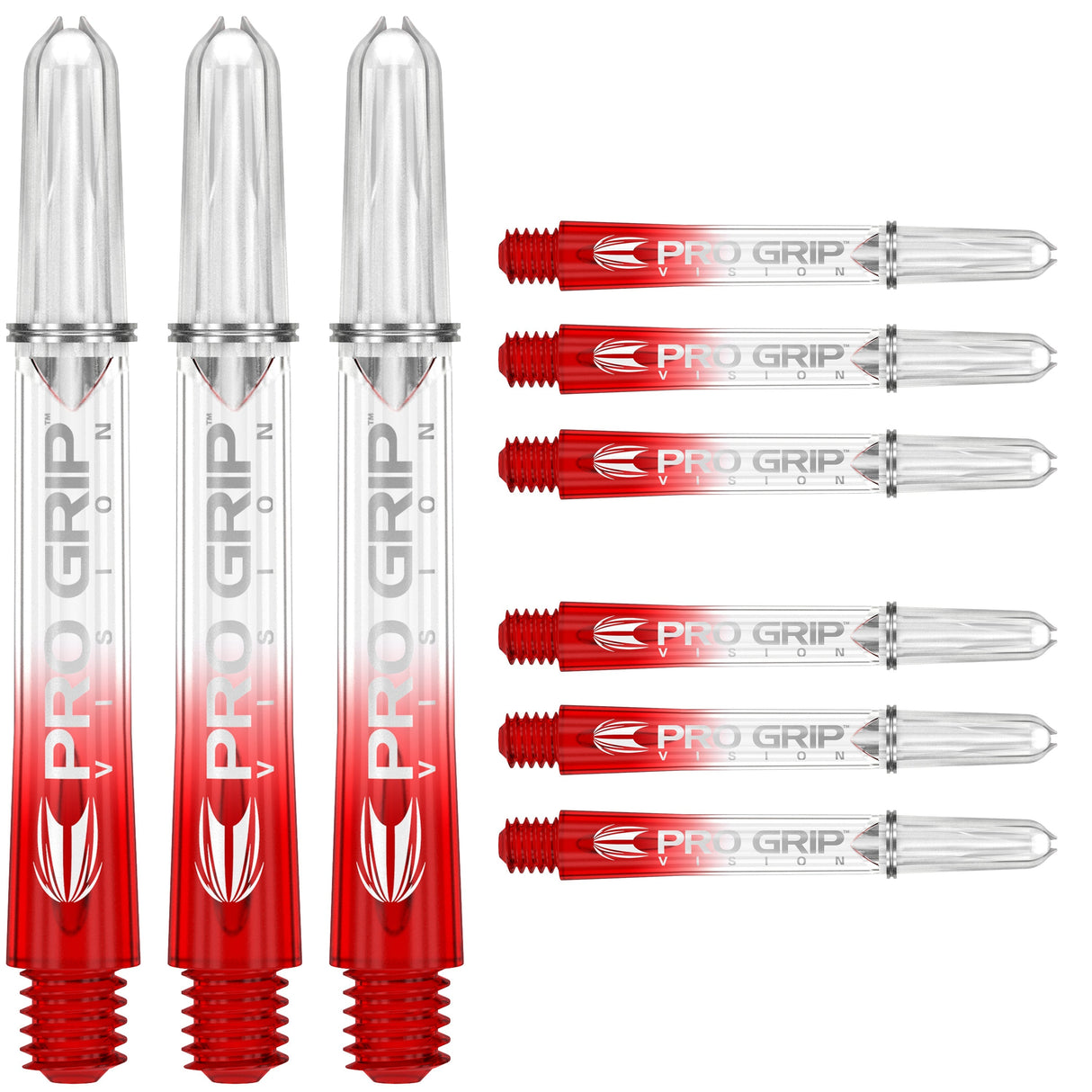 Red clear polycarbonate dart shafts set, threaded ends and Pro Grip Vision logo, top-down view on white background