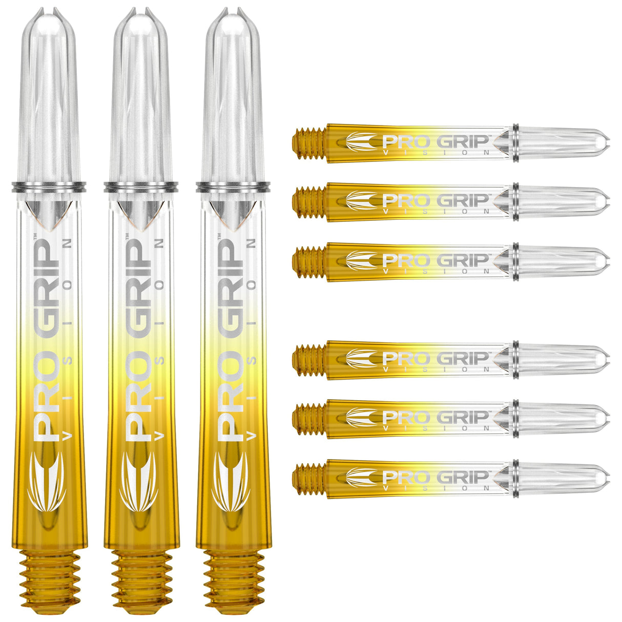 Set of nine clear and yellow Pro Grip Vision dart shafts arranged on white background, showing threaded tips and durable polycarbonate barrels.
