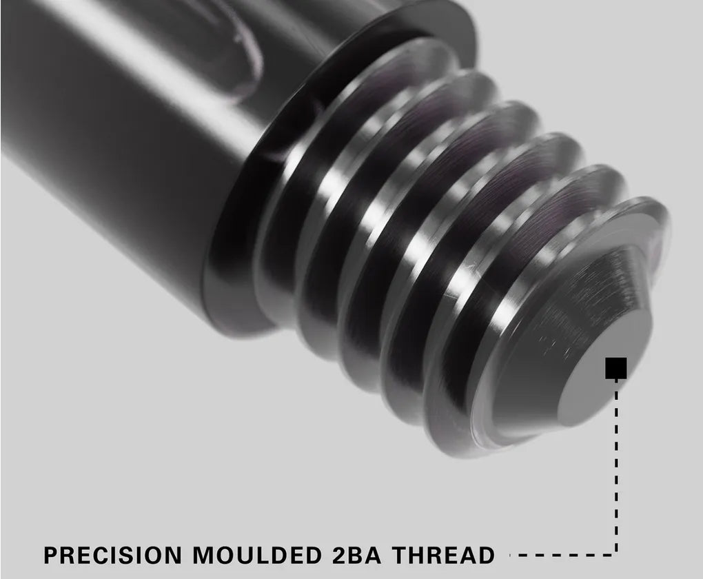Macro close-up of dart shaft 2BA thread showing precision-moulded tip, ideal for secure fit on dart barrels