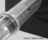 Macro close-up of clear polycarbonate dart shaft showing tight grip on flight for secure fit