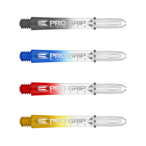 Four Pro Grip Vision dart shafts in black, blue, red, and yellow, full product view on white background showing translucent polycarbonate design