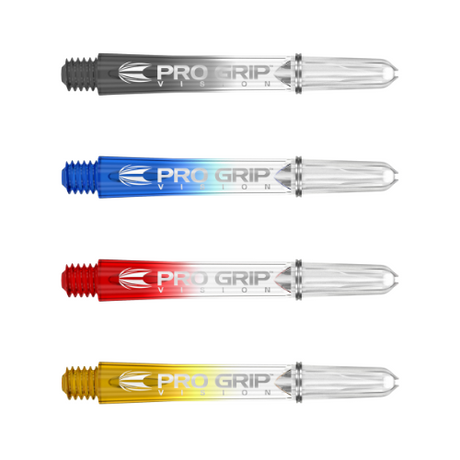 Four Pro Grip Vision dart shafts in black, blue, red, and yellow, full product view on white background showing translucent polycarbonate design