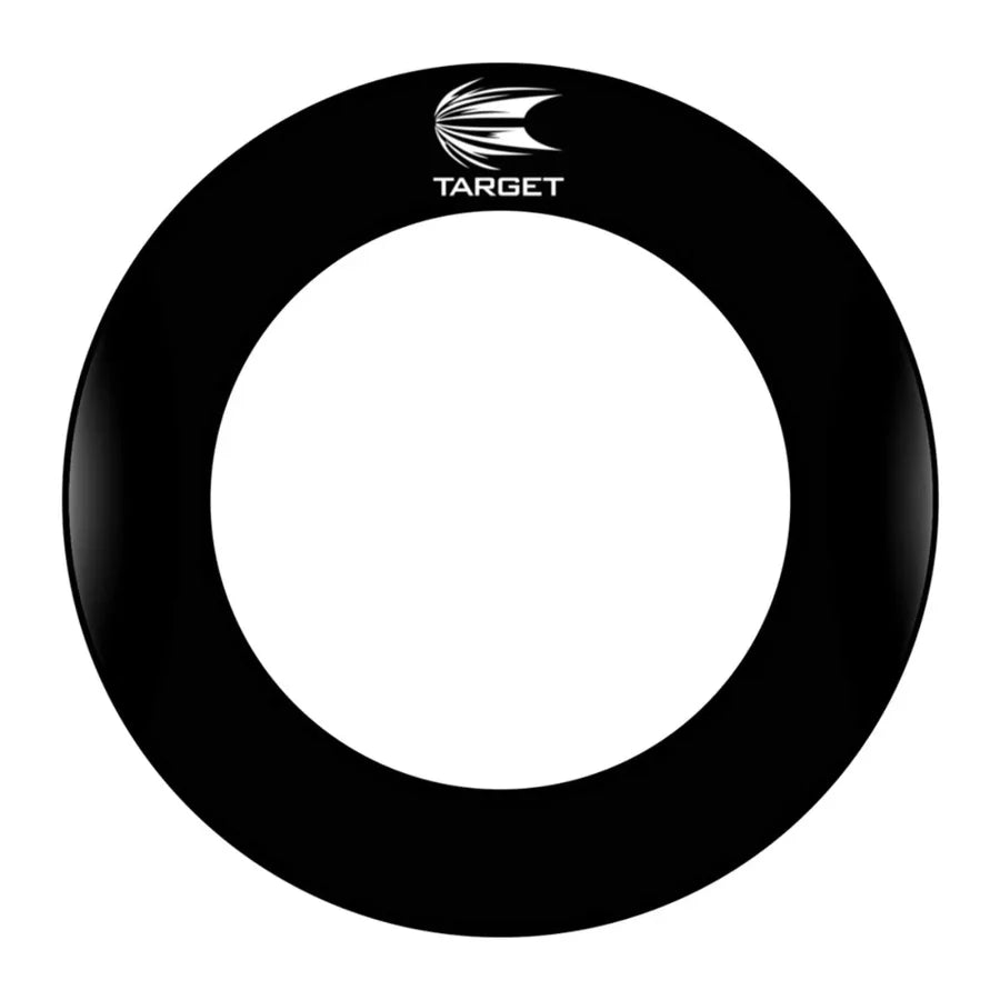 Top-down view of black dartboard surround ring with logo, full product isolated on white for dartboard protection