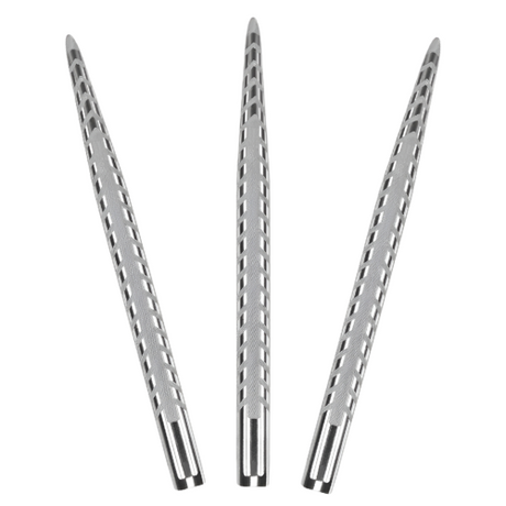 Three quartz pro dart points fanned out, laser-etched grip and precision tapered tips, full view on white background